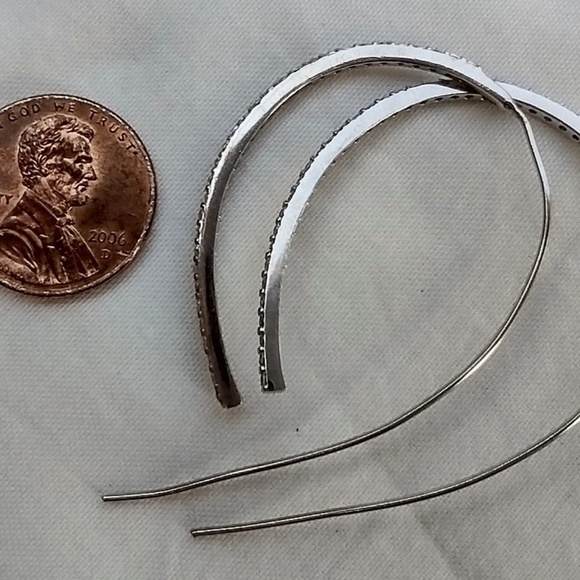 Silver Tone Super Skinny Lightweight Threader Hoop Earrings with CZ Accents - Picture 5 of 5